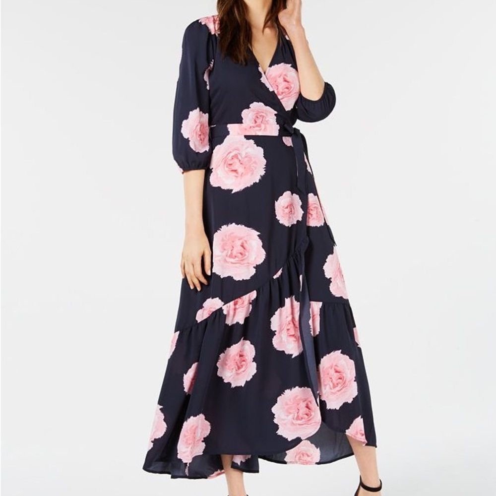 Bar III Navy Pink Floral Wrap Dress